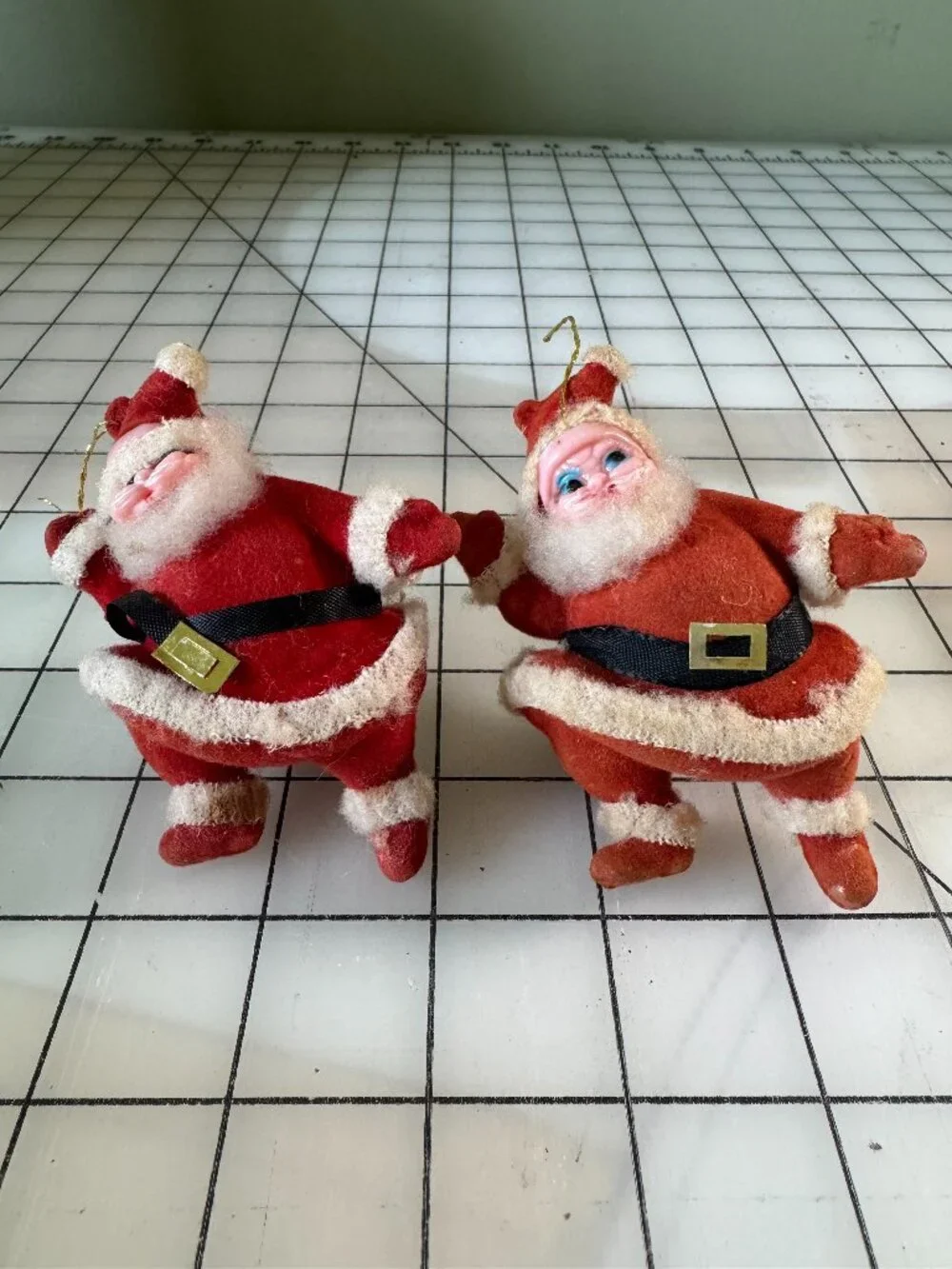 Vintage Flocked Santa Claus Ornaments 4” Japan Hong Kong Mid Century Christmas